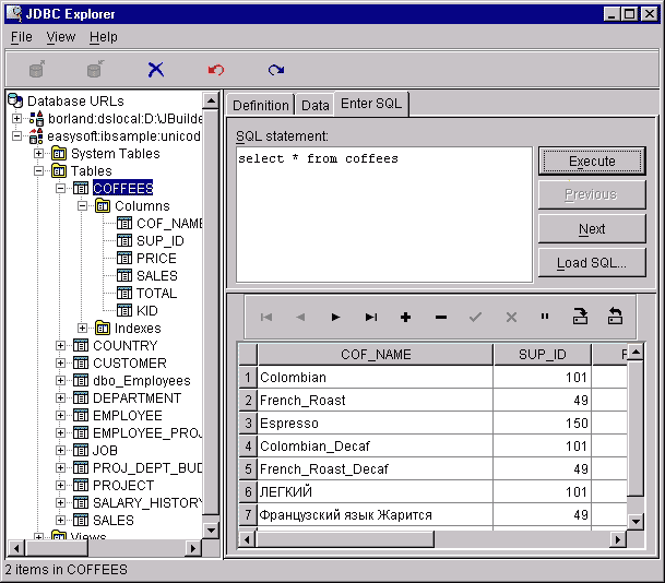 JDBC Explorer Enter SQL pane