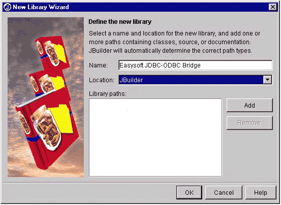 New Library Wizard dialog box with Easysoft JDBC-ODBC Bridge as the example Name and JBuilder as the Location.