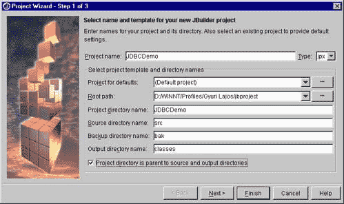 Project Wizard Step 1 with JDBCDemo as the project name and directory, other settings are inherited from the default project