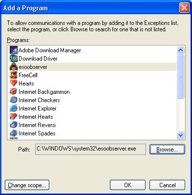 Add a Program dialogue box with esoobserver selected in the list