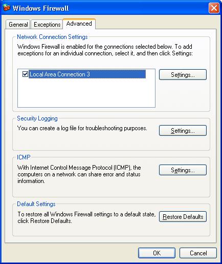 Windows Firewall dialogue box Advanced tab