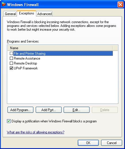 Windows Firewall dialogue box Exceptions tab