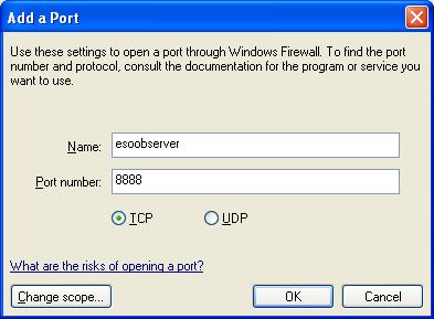 Add a Port dialogue box with esoobserver as the service name and 8888 as the port