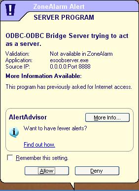 ZoneAlarm Server Program alert (port 8888)