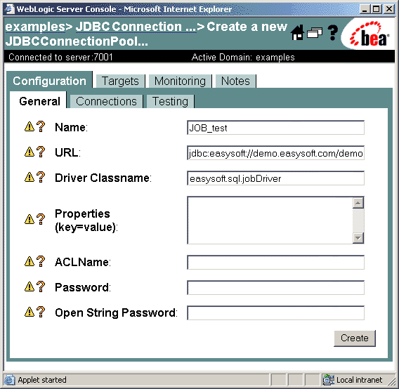 General configuration settings for a new JDBC Connection Pool entry in the WebLogic Server Console.