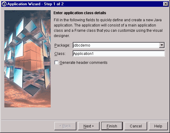 Application Wizard Step 1 with jdbcdemo as the Package and Application1 as the Class