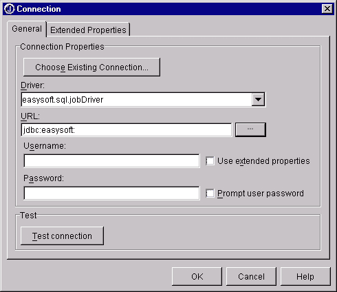 Connection dialog box General tab with easysoft.sql.jobDriver as the Driver and jdbc:easysoft as the URL