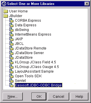 Select One or More Libraries dialog box with new Easysoft JDBC-ODBC Bridge selected
