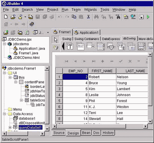 JBuilder designer displaying table data