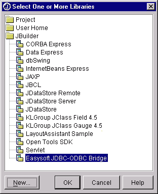 Select One or More Libraries dialog box with new Easysoft JDBC-ODBC Bridge selected