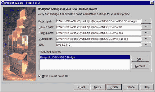 Project Wizard Step 2 with the Easysoft JDBC-ODBC Bridge highlighted in the Required libraries list