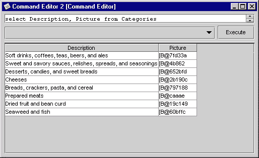 Command Editor displaying the results of a select Description, Picture from Categories query