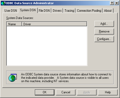 ODBC Data Source Administrator System DSN tab.