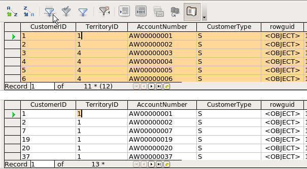 AdventureWorks customer records filtered by territory ID.