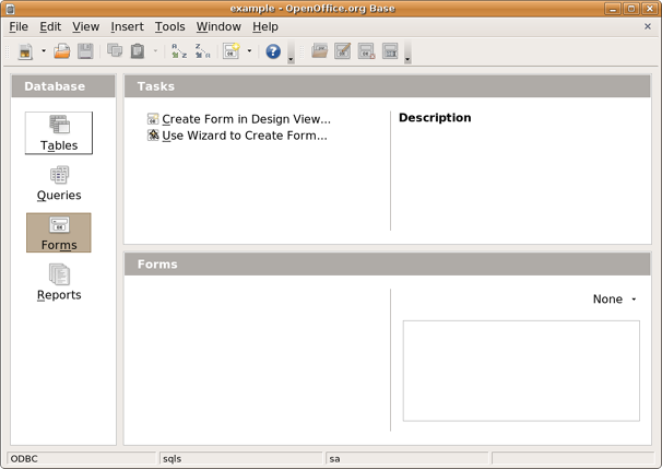 The Base window lets you browse the data source's table, run queries, display forms and generate reports.