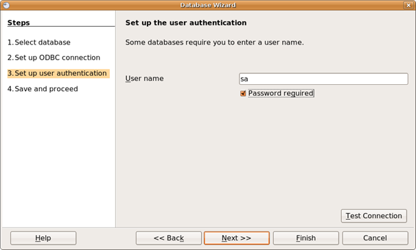Type your database user name and indicate whether a database password is required.