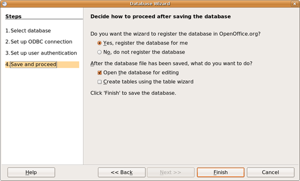 Click Finish to save the database.