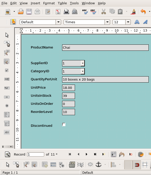 OpenOffice Base form displaying first record from Northwind products table.