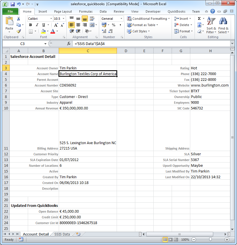 Excel spreadsheet containing Salesforce and QuickBooks data