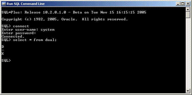 Oracle XE SQL tool showing the results of a query following a successful connection